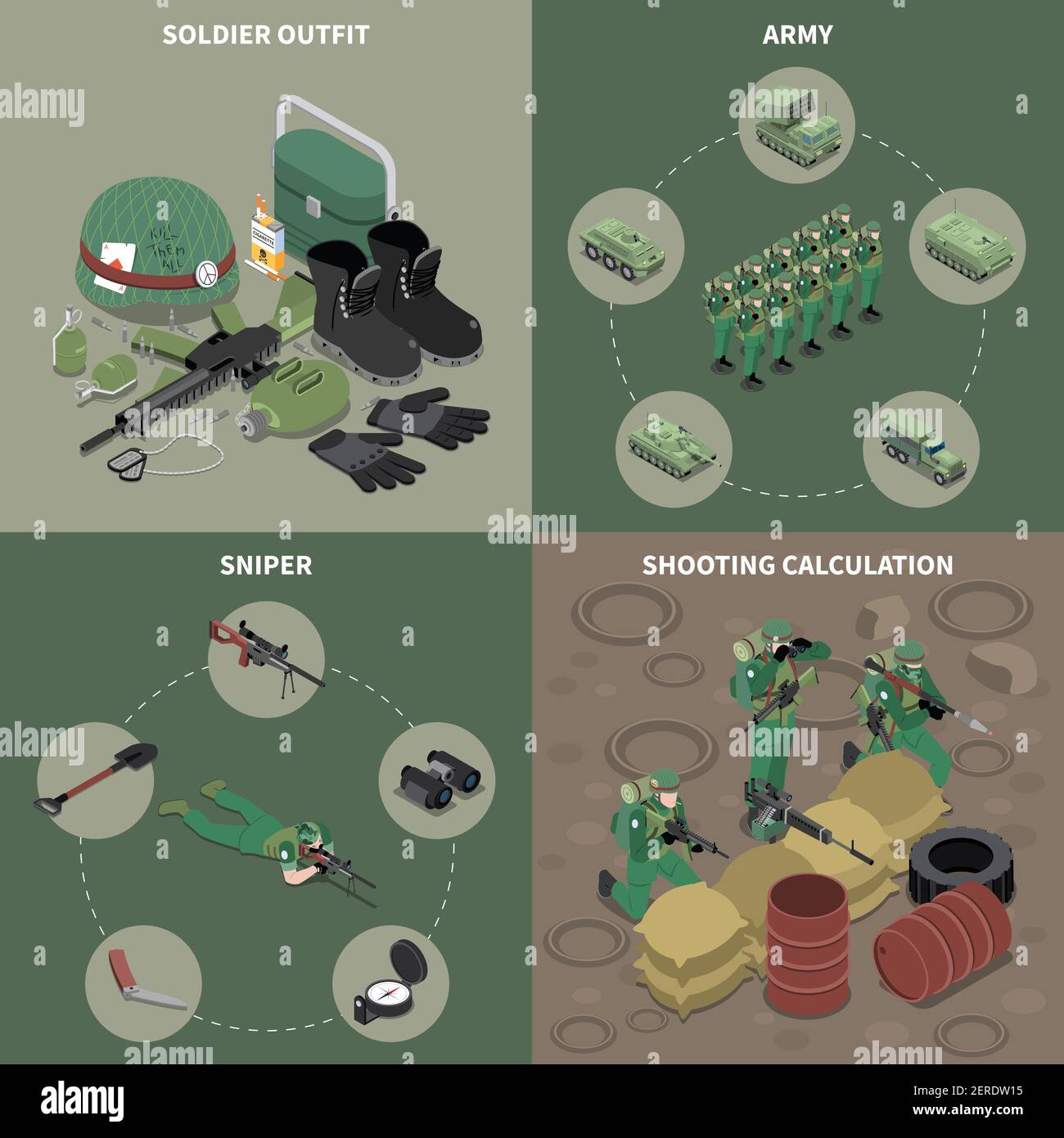 Army 2x2 design concept set of sniper soldier outfit shooting calculation square icons isometric vector illustration Stock Vector
