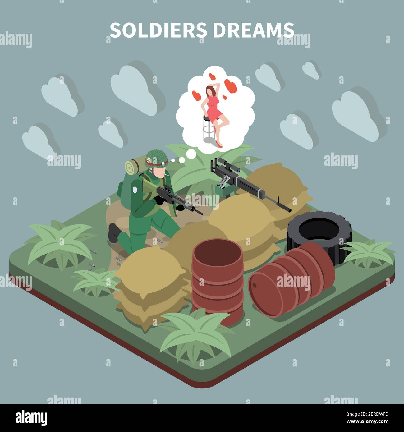 Soldiers dreams isometric composition with sniper sitting in entrenchment and remembering his girlfriend vector illustration Stock Vector