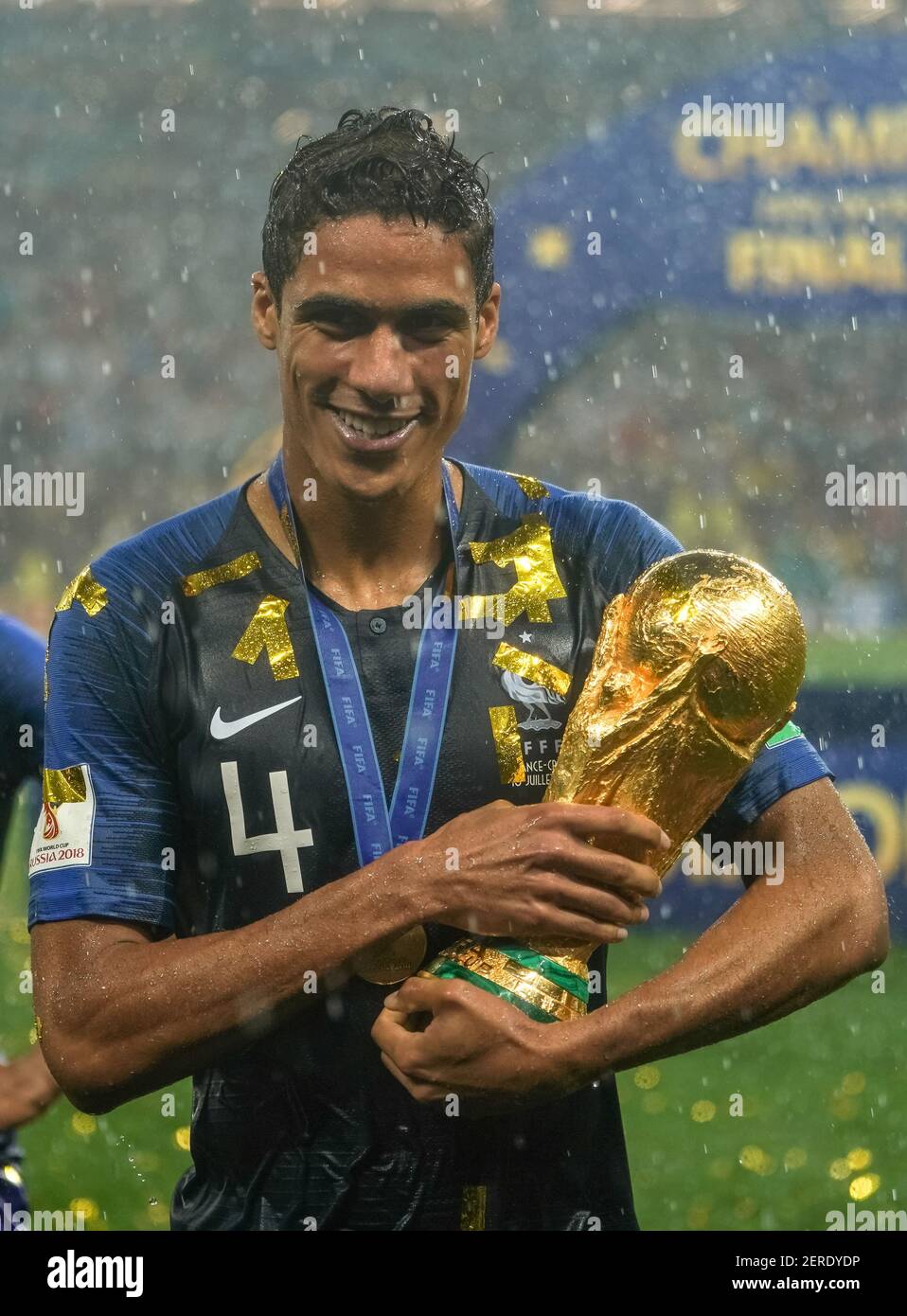 Raphael Varane of France with the gold at Luzhniki Stadium during the final between Franceand Croatia during the 2018 World Cup in Moscow, Russia on July 15, 2018. (Photo by Ulrik Pedersen/CSM/Sipa USA) Stock Photo
