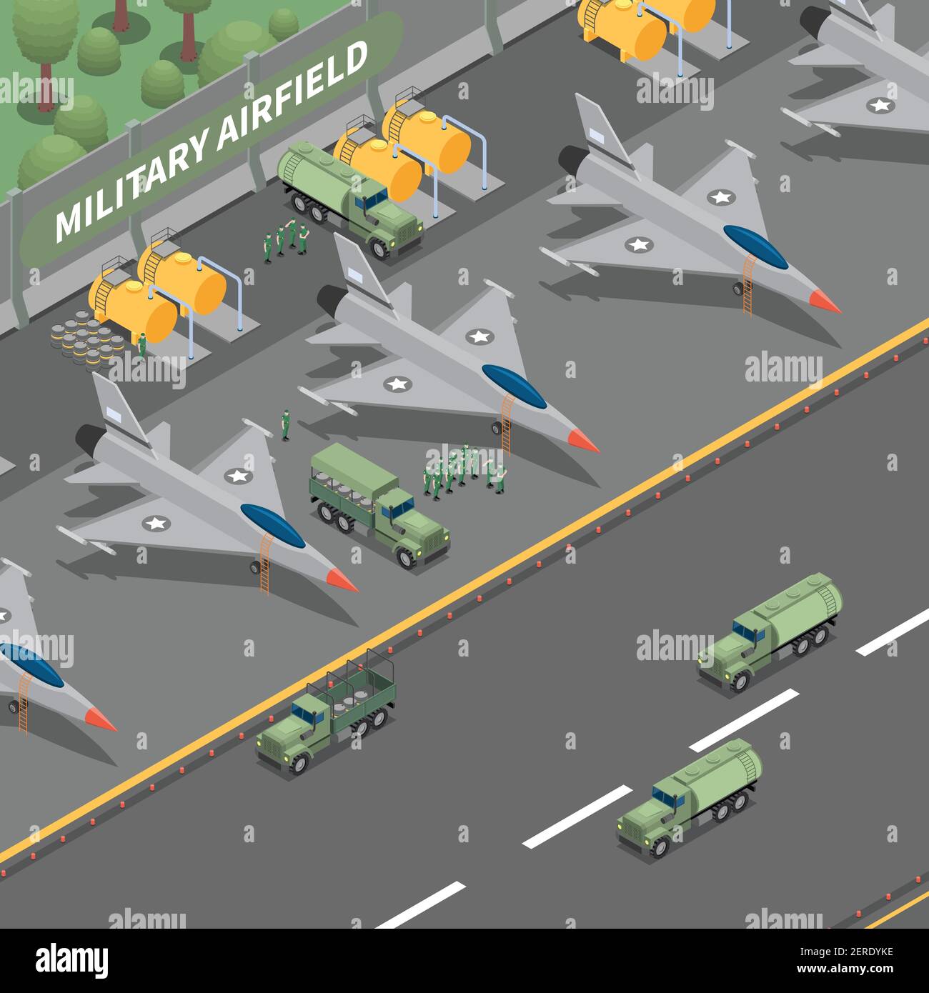Military Container Isometric Military airfield isometric composition representing landing cargo ...
