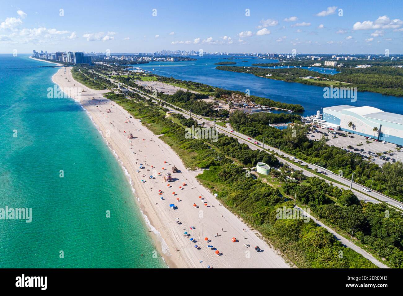 Miami Florida,Haulover Park Beach,Collins Avenue,Atlantic Ocean water,Biscayne Bay water,aerial overhead bird's eye view above,visitors travel traveli Stock Photo