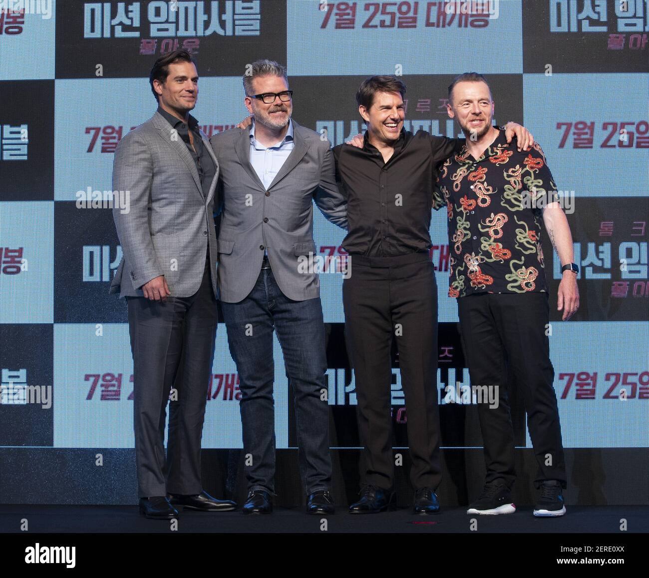 L to R) Actor Henry Cavill, director Christopher McQuarrie, Tom Cruise and  Simon Pegg attend a press conference for the new movie 'Mission Impossible  - Fallout' world promote tour at Lotte Hotel