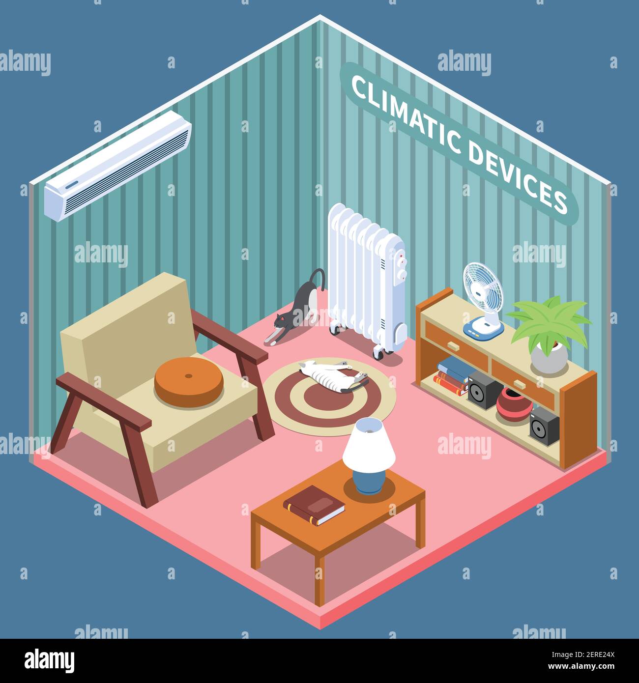 Home climate control isometric composition illustrated living room with furniture and climatic devices vector illustration Stock Vector