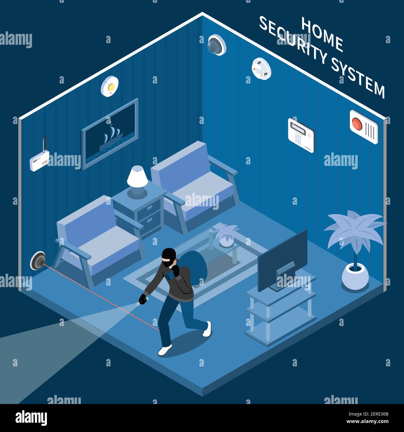 Home security isometric composition with thief in room equipped with laser alarm system and different sensors vector illustration Stock Vector