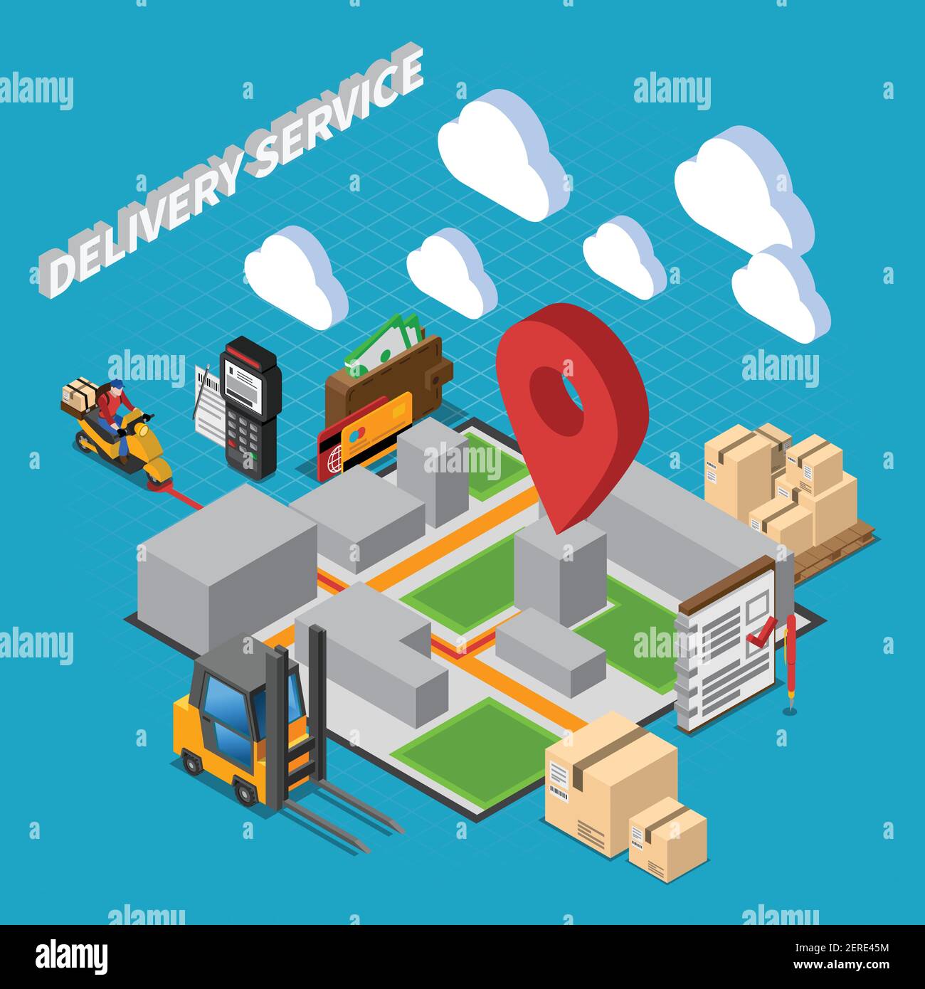 Delivery service isometric composition with elements of warehouse ...