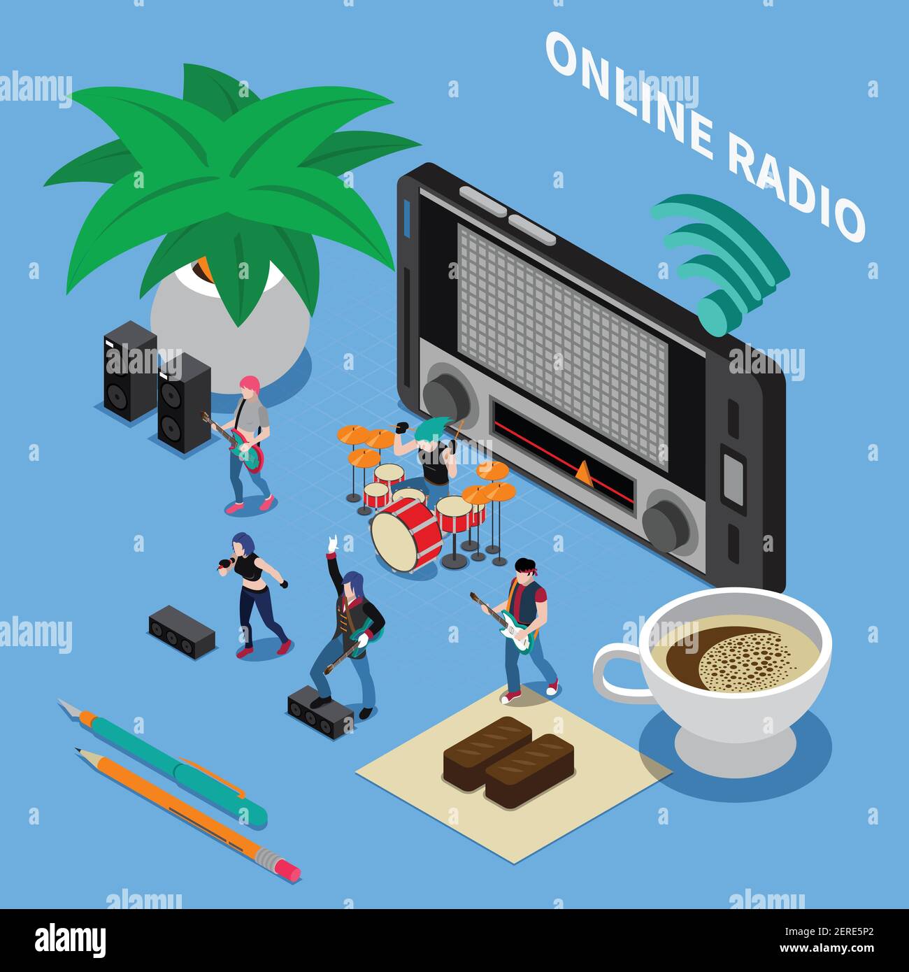 Online radio isometric composition with radio receiver tuned to music