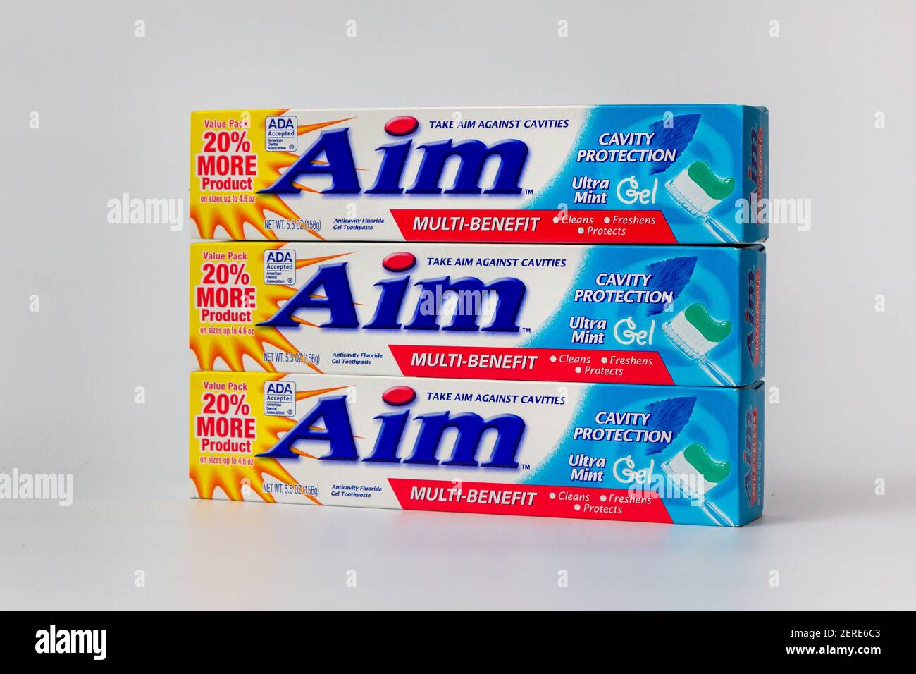 ST. PAUL, MN, USA FEBRUARY 28, 2021 AIM toothpaste packages and