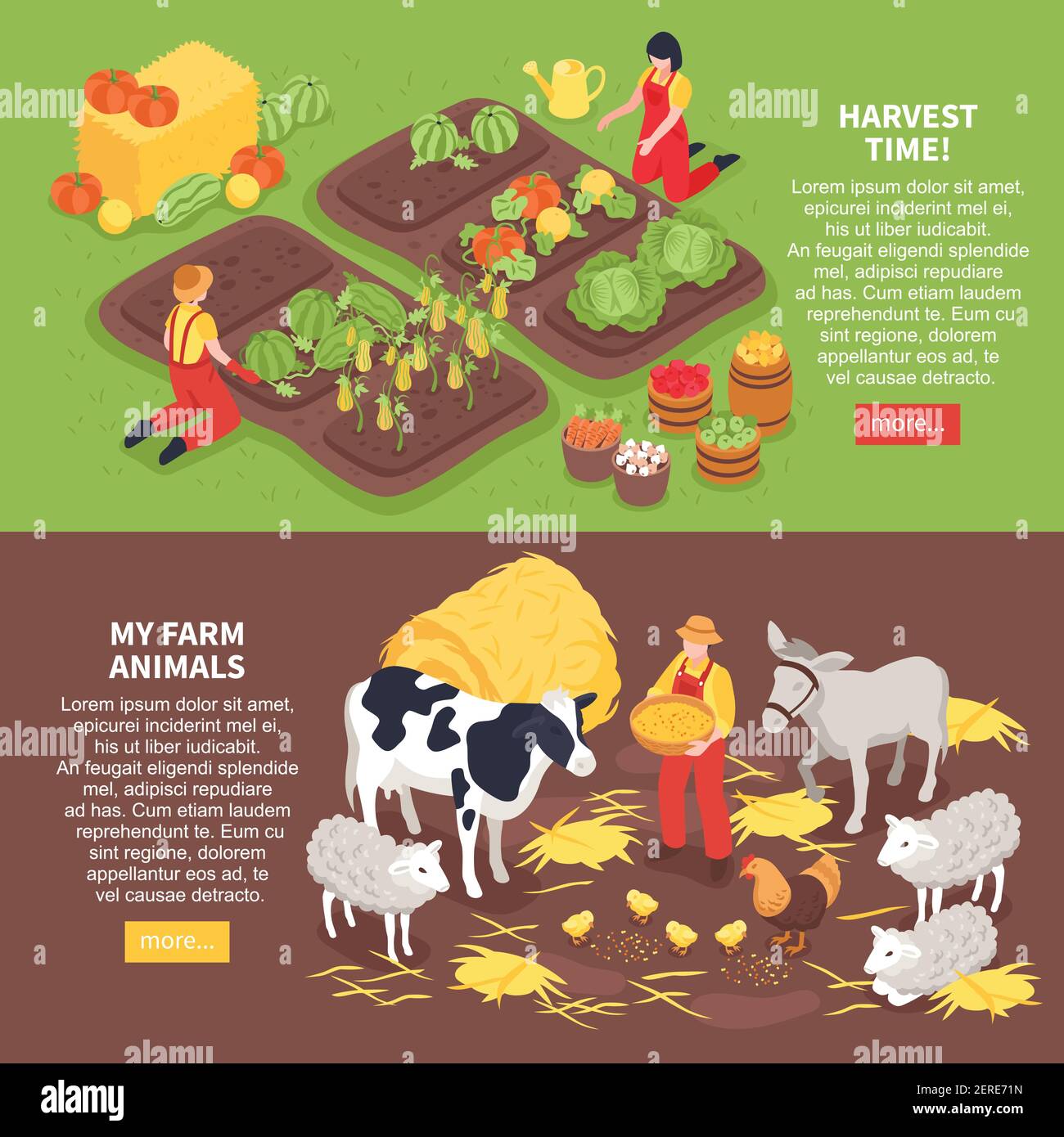 Isometric horizontal banners set with farm animals and farmers reaping ...