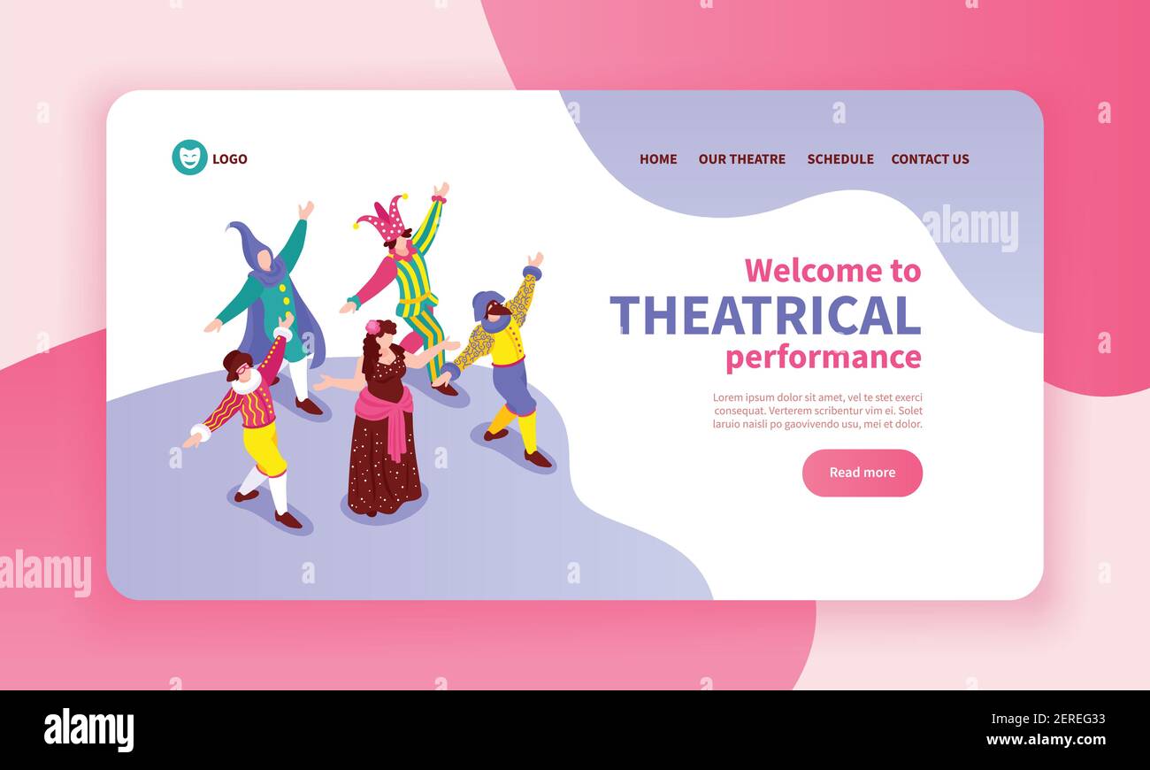 Isometric concept banner with dancing actors wearing classical costumes 3d vector illustration Stock Vector