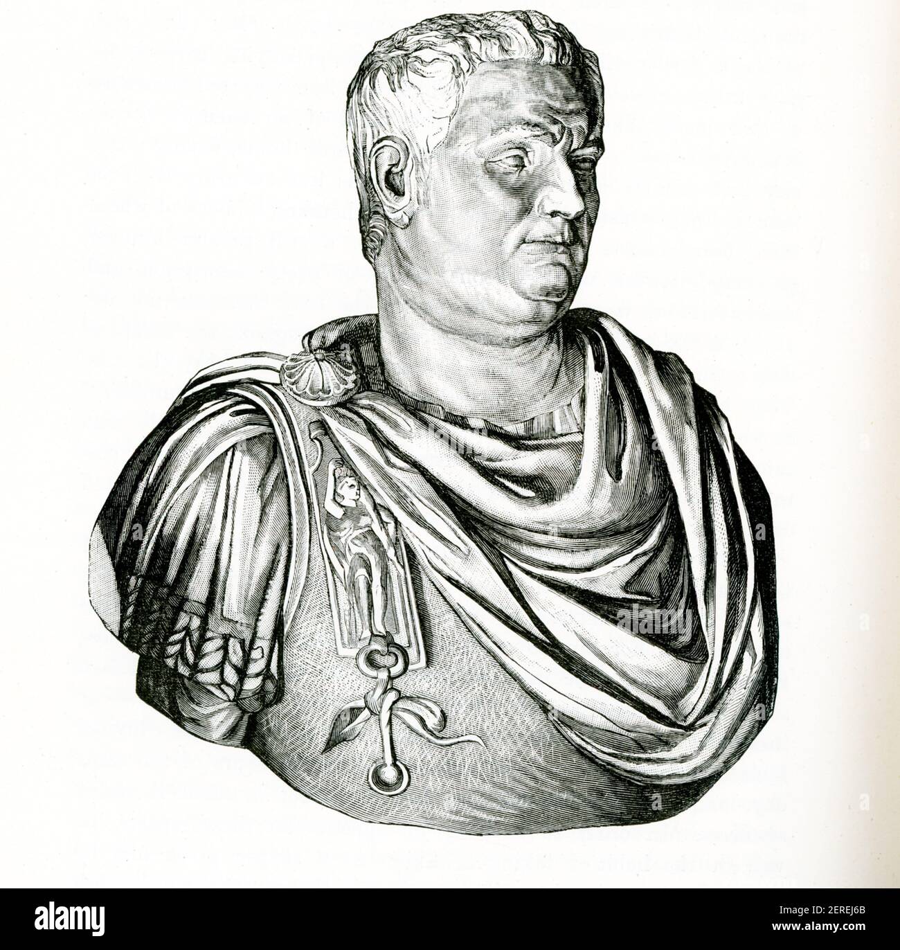 This 1880s illustration shows the Roman emperor Vitellius— his bust in the Museum of the Capitol in Rome in the Hall of the Emperors. Aulus Vitellius was Roman emperor for eight months, from 16 April to 22 December 69 AD. Vitellius was proclaimed emperor following the quick succession of the previous emperors Galba and Otho, in a year of civil war known as the Year of the Four Emperors. Stock Photo