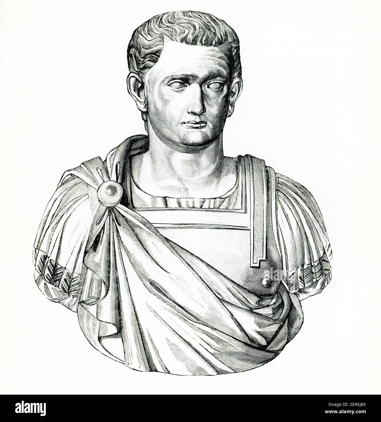 This 1880s illustration shows the bust of the Roman emperor Titus that is housed in the Uffizi Gallery in Florence, Italy. Titus was Roman emperor from 79 to 81. A member of the Flavian dynasty, Titus succeeded his father Vespasian upon his death. Before becoming emperor, Titus gained renown as a military commander, serving under his father in Judea during the First Jewish–Roman War. Stock Photo