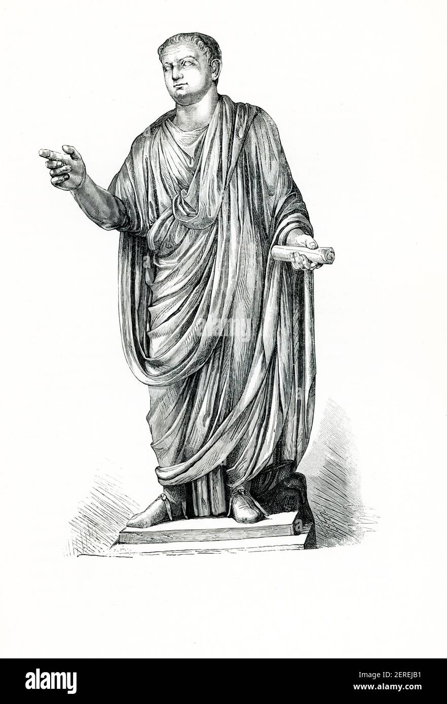 This 1880s illustration shows   the statue of Titus in the Vatican Braccio Novo No. 26. It was found near the Church of St John Lateran in 1828. Titus was Roman emperor from 79 to 81. A member of the Flavian dynasty, Titus succeeded his father Vespasian upon his death. Before becoming emperor, Titus gained renown as a military commander, serving under his father in Judea during the First Jewish–Roman War. Stock Photo