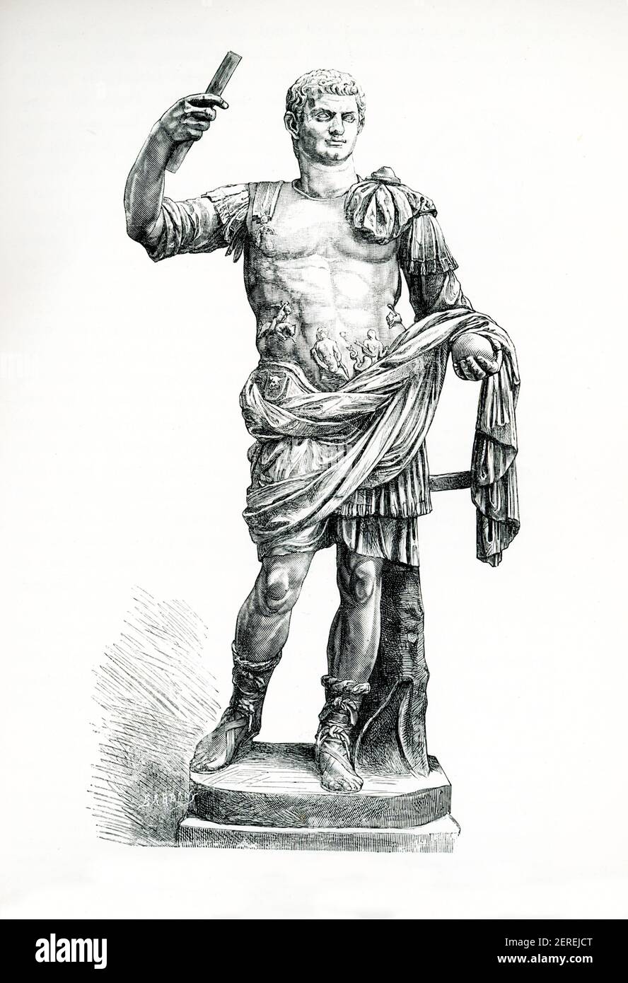 This 1880s illustrations shows the statue of Domitian in Vatican Braccio Novo No. 129. Domitian was Roman emperor from 81 to 96. He was the son of Vespasian and the younger brother of Titus, his two predecessors on the throne, and the last member of the Flavian dynasty. During his reign, the authoritarian nature of his rule put him at sharp odds with the Senate, whose powers he drastically curtailed. Stock Photo