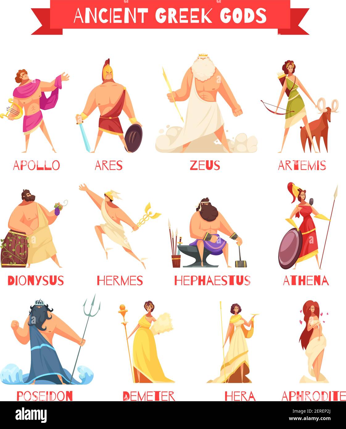 Ancient greek gods 12 strip cartoon figures set with zeus poseidon hera hermes athena isolated vector illustration Stock Vector