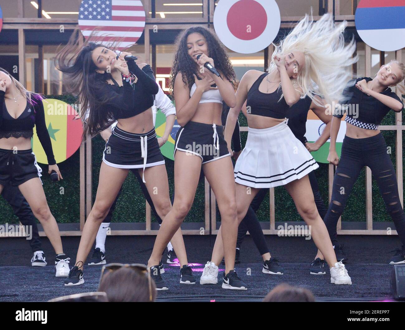 L-R) NOW UNITED - Sabina Hidalgo, Any Gabrielly and Sina De at the NOW  UNITED Live Performance held at the Westfield Century City in Los Angeles,  CA on Tuesday, July 24, 2018. (