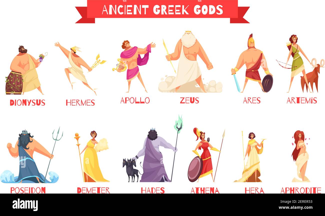 Ancient greek gods 2 horizontal cartoon figures sets with dionysus zeus poseidon aphrodite apollo athena vector illustration Stock Vector