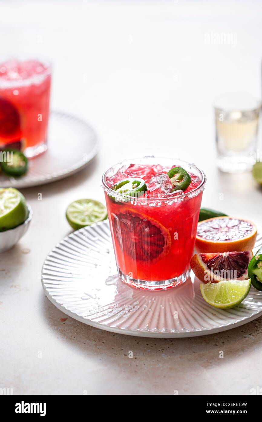 Blood orange jalapeno Margarita cocktail with tequila and triple sec