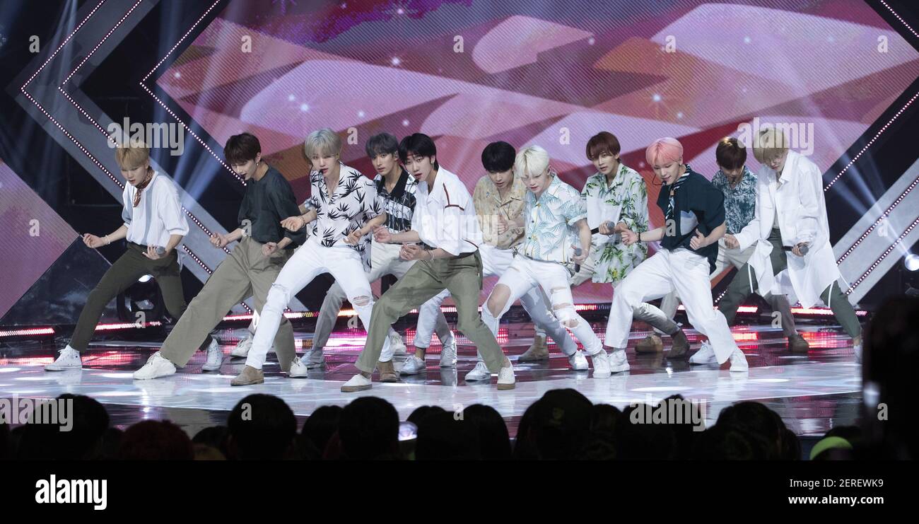 25 July 2018 - Goyang, South Korea : South Korean K-Pop boys band  Seventeen, performs on the stage during a MBC TV K-Pop music chart program  “Show Champion” at MBC Dream Center