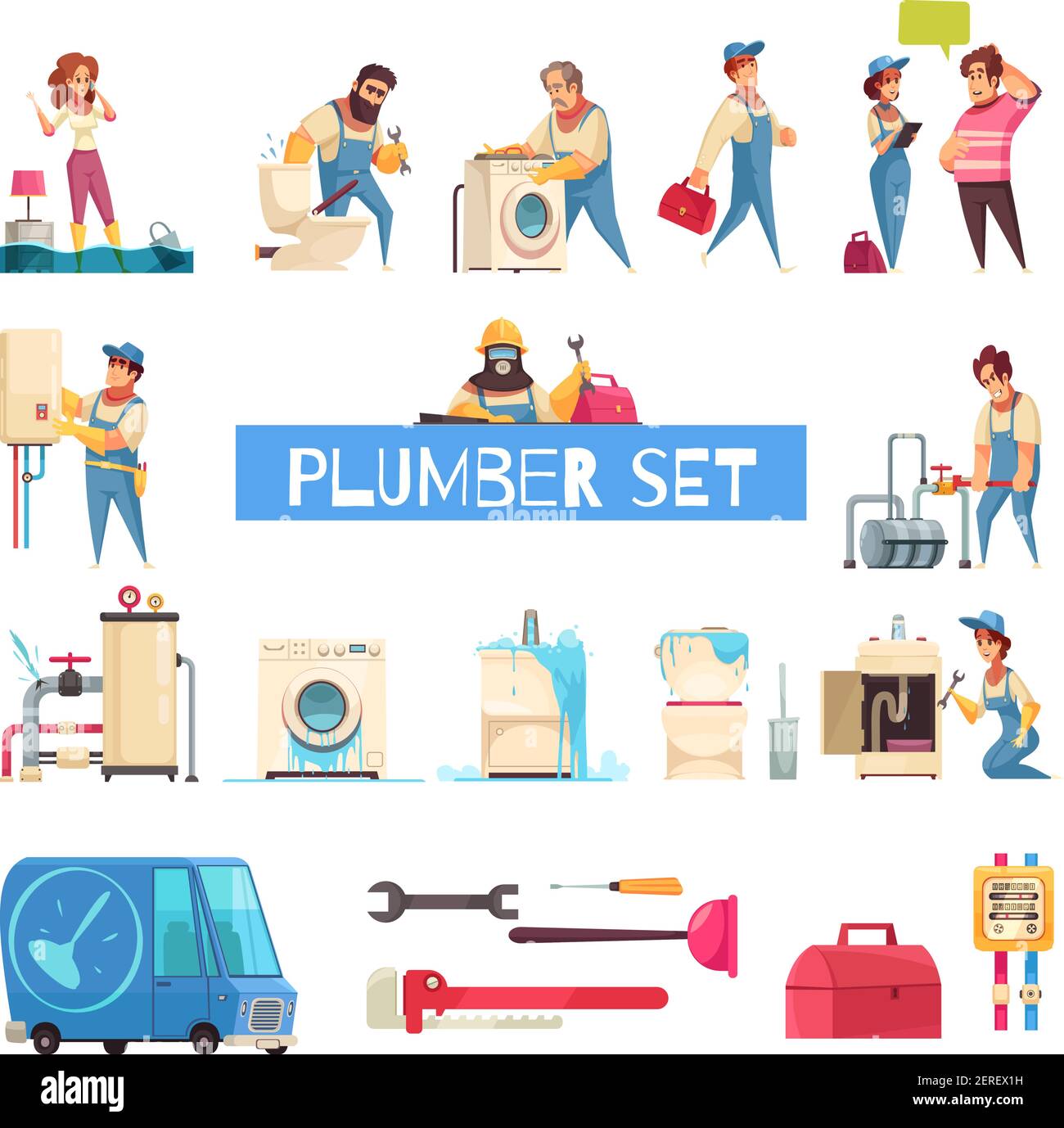 Plumber big cartoon set with burst pipes repair flooded home fixing sanitary washing machine installation vector illustration Stock Vector