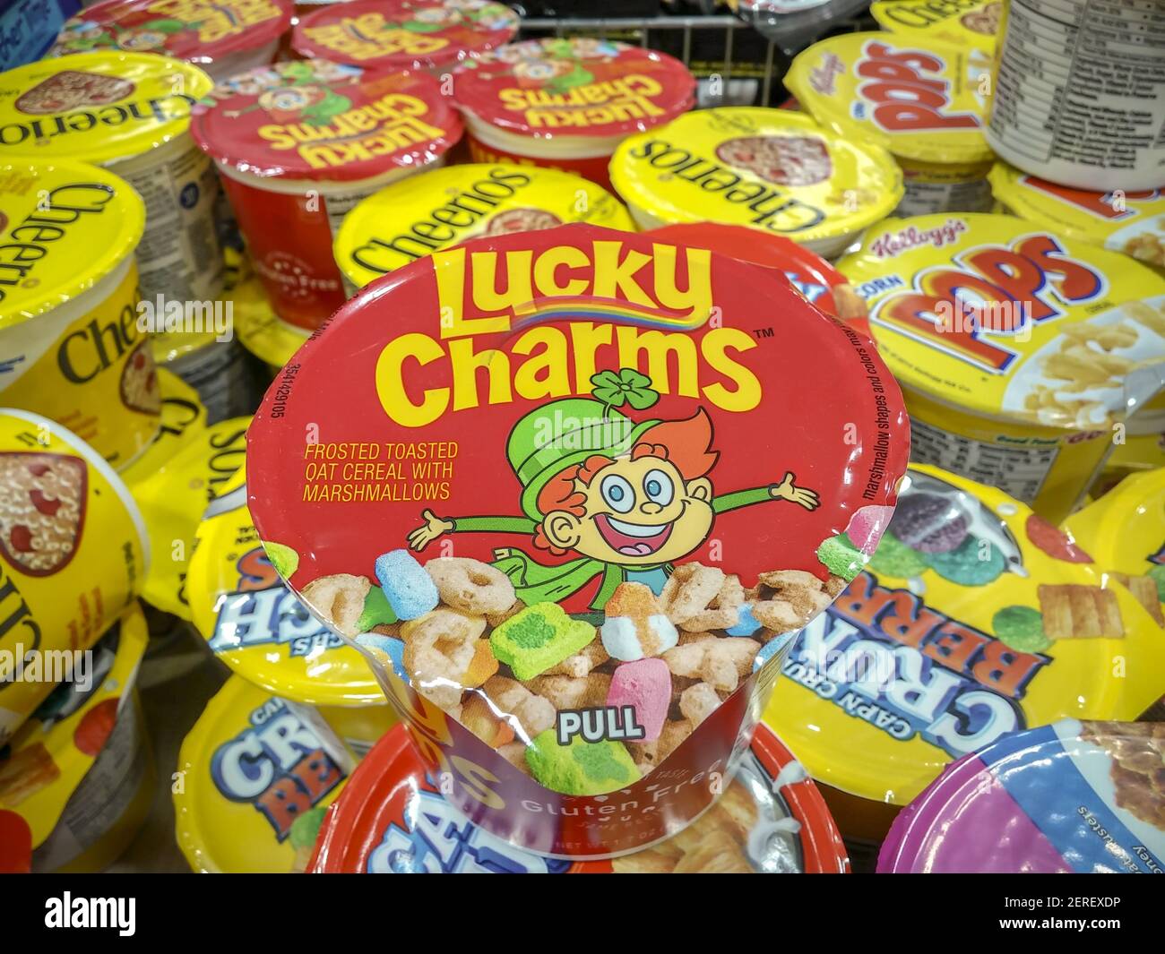 Singleserving containers of General Mills' Lucky Charms amongst other