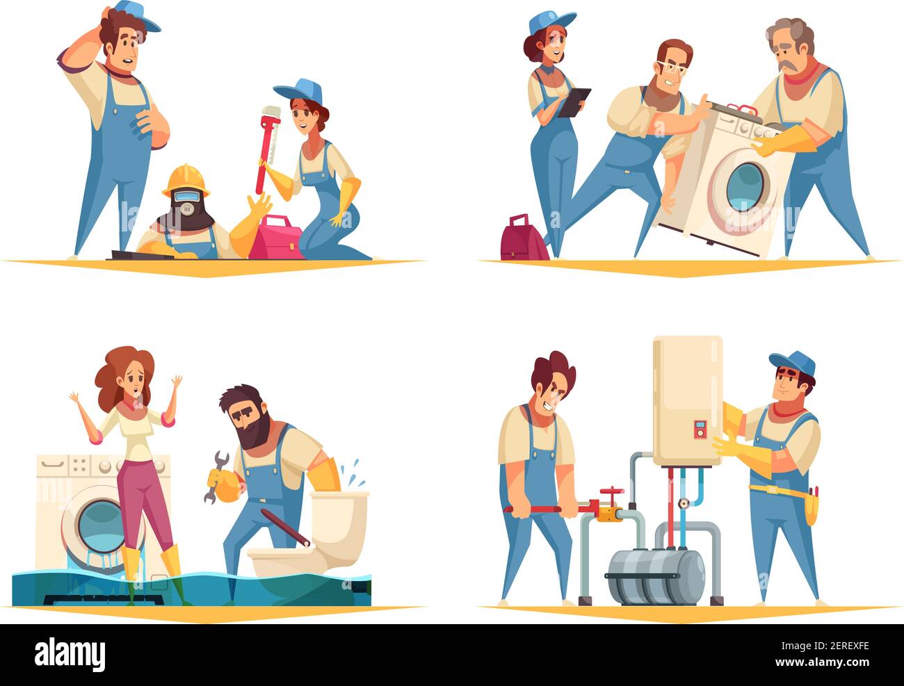 Plumber work concept 4 flat cartoon compositions with flooded home