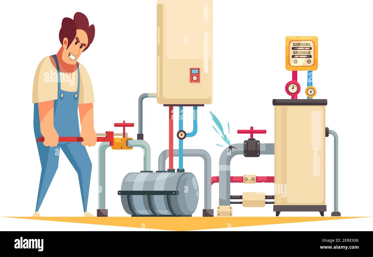 Boiler repair plumber service flat cartoon composition with fixing burst pipes turning off water valve vector illustration Stock Vector