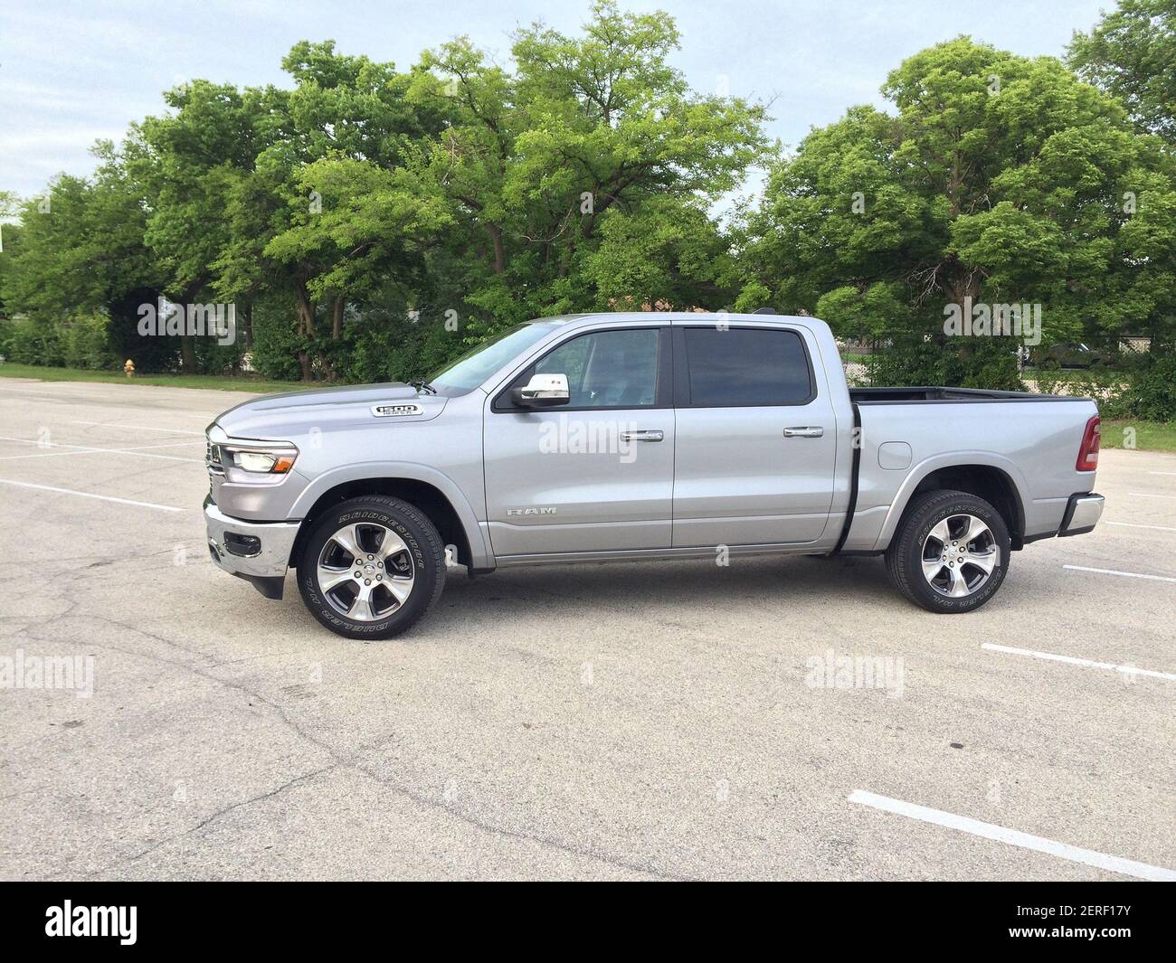 The redesigned 2019 Ram 1500 Crew Cab 4x4 in Laramie trim is powered by a  395-horsepower, 5.7-liter Hemi V-8 engine with an eight-speed transmission.  It rides as quiet as an SUV, is