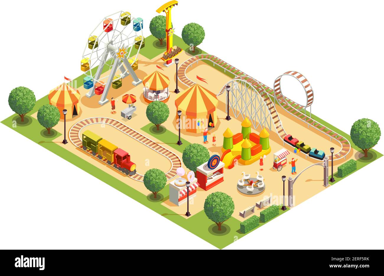 Amusement park with roller coaster carousels ferris wheel tents ...