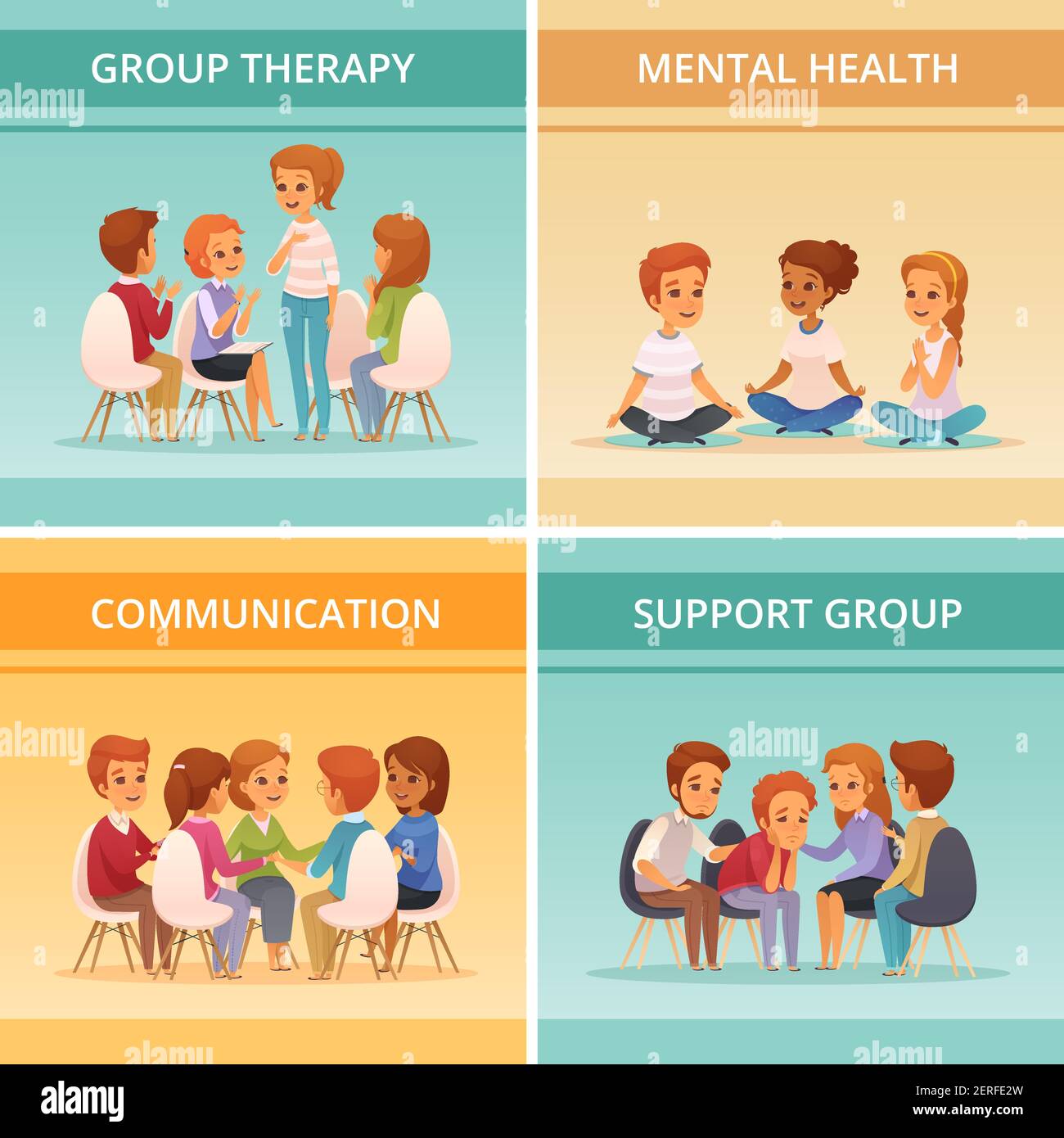 Four Squares Cartoon Group Therapy Icon Set With Mental Health Communication And Support Group Descriptions Vector Illustration Stock Vector Image Art - Alamy