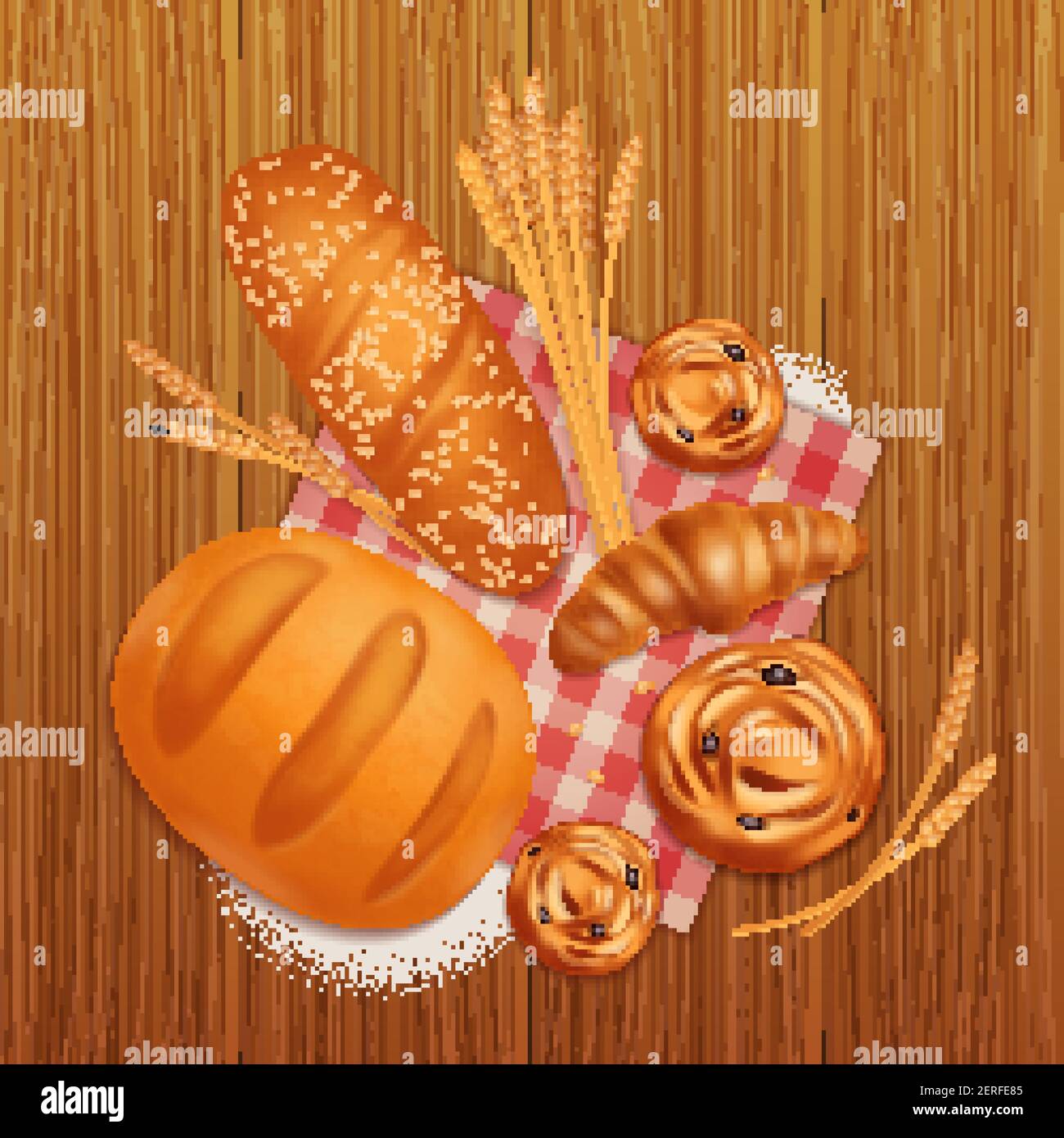 Colored realistic bread bakery composition with croissant bread and ...