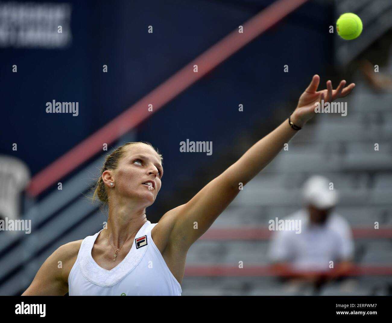 Aug 6, 2018; Montreal, Quebec, Canada; Karolina Pliskova of the Czech  Republic serves against Katerina Siniakova of the Czech Republic (not  pictured) in the Rogers Cup tennis tournament at Stade IGA. Mandatory