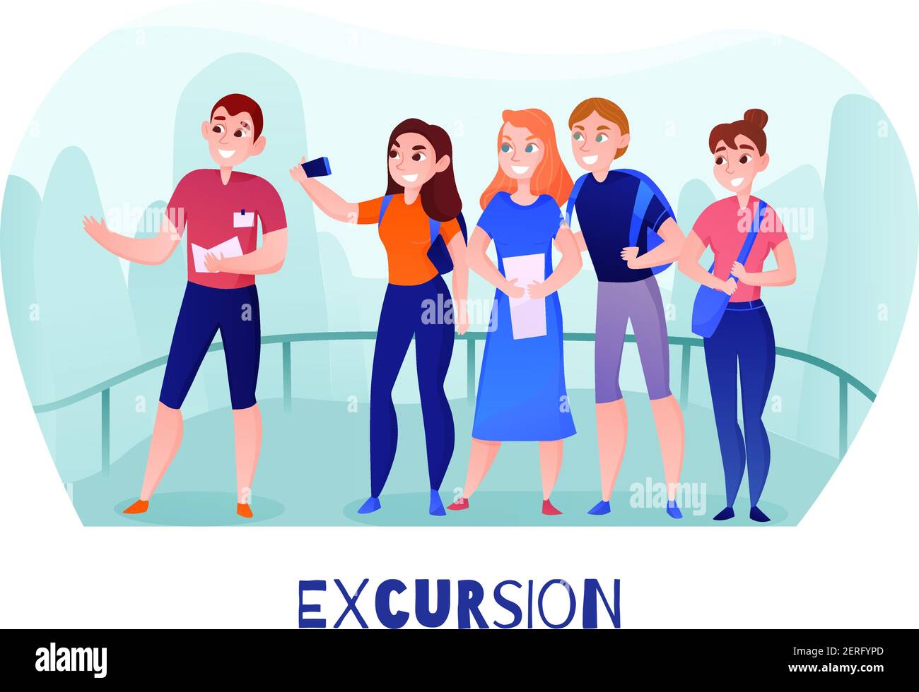 Group of travelers and guide on viewing platform during excursion outdoor in summer vector illustration Stock Vector