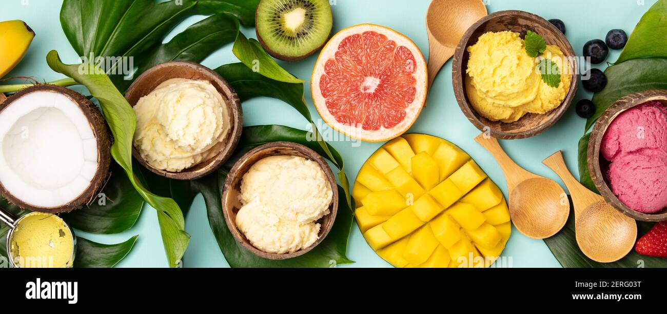 Tropical Fruits And Plants With Variety Of Ice Cream In Coconut Shells On Blue Background Flat Lay Stock Photo Alamy