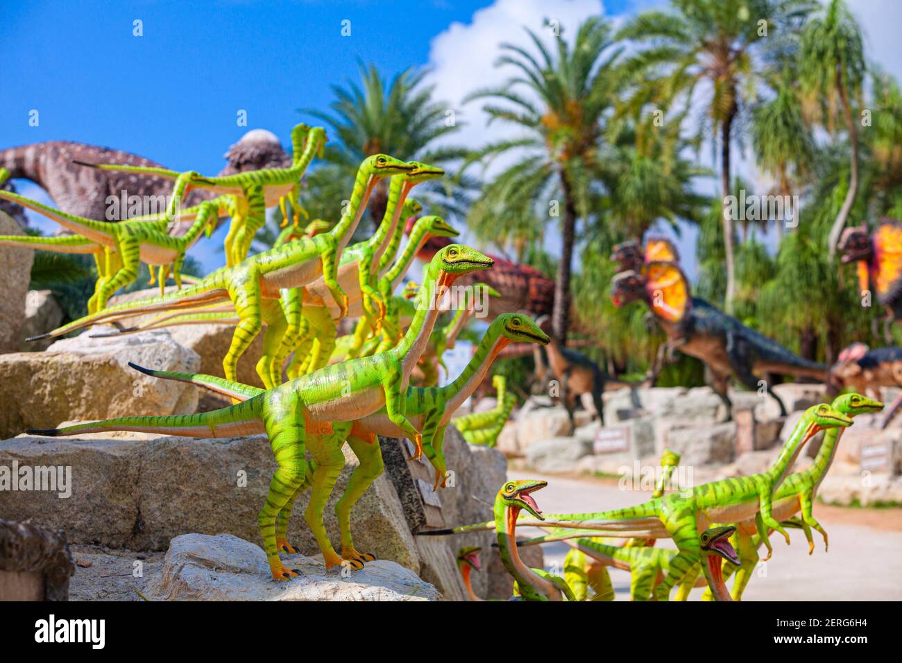 Nong Nooch Garden, PATTAYA, THAILAND - April 1, 2020: Dinosaur Valley? in Nong Nooch Tropical Botanical Garden, Pattaya, Thailand. compsognathus. Stock Photo