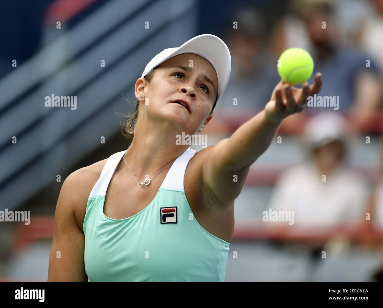 Aug 10, 2018; Montreal, Quebec, Canada; Ashley Barty of Australia serves  against Kiki Bertens of the Netherlands (not pictured) in the Rogers Cup  tennis tournament at Stade IGA. Mandatory Credit: Eric Bolte-USA