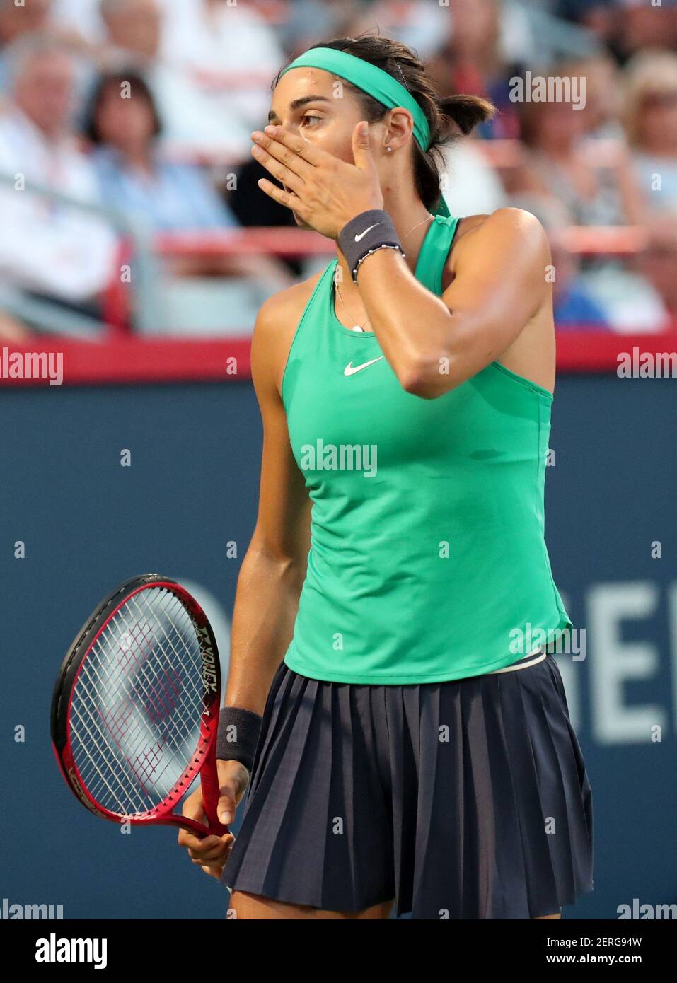 Aug 10, 2018; Montreal, Quebec, Canada; Caroline Garcia of France reacts in  a match against Simona Halep of Romania (not pictured) during the Rogers  Cup tennis tournament at Stade IGA. Mandatory Credit: