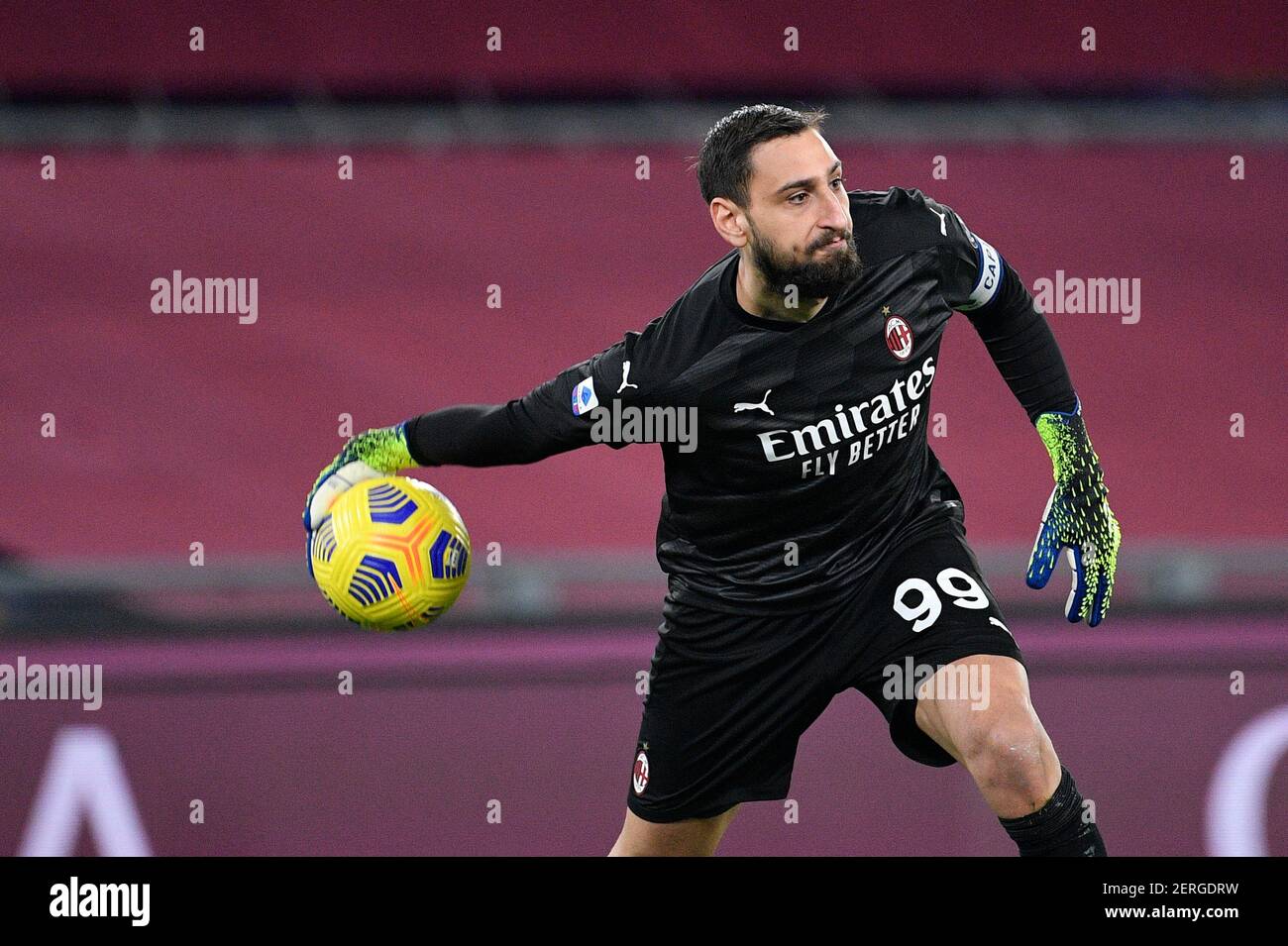 Rome, Italy. 28th Feb, 2021. Gianluigi Donnarumma of AC Milan seen in  action during the Italian Football Championship League A 2020/2021 match  between AS Roma vs AC Milan at the Olimpic Stadium