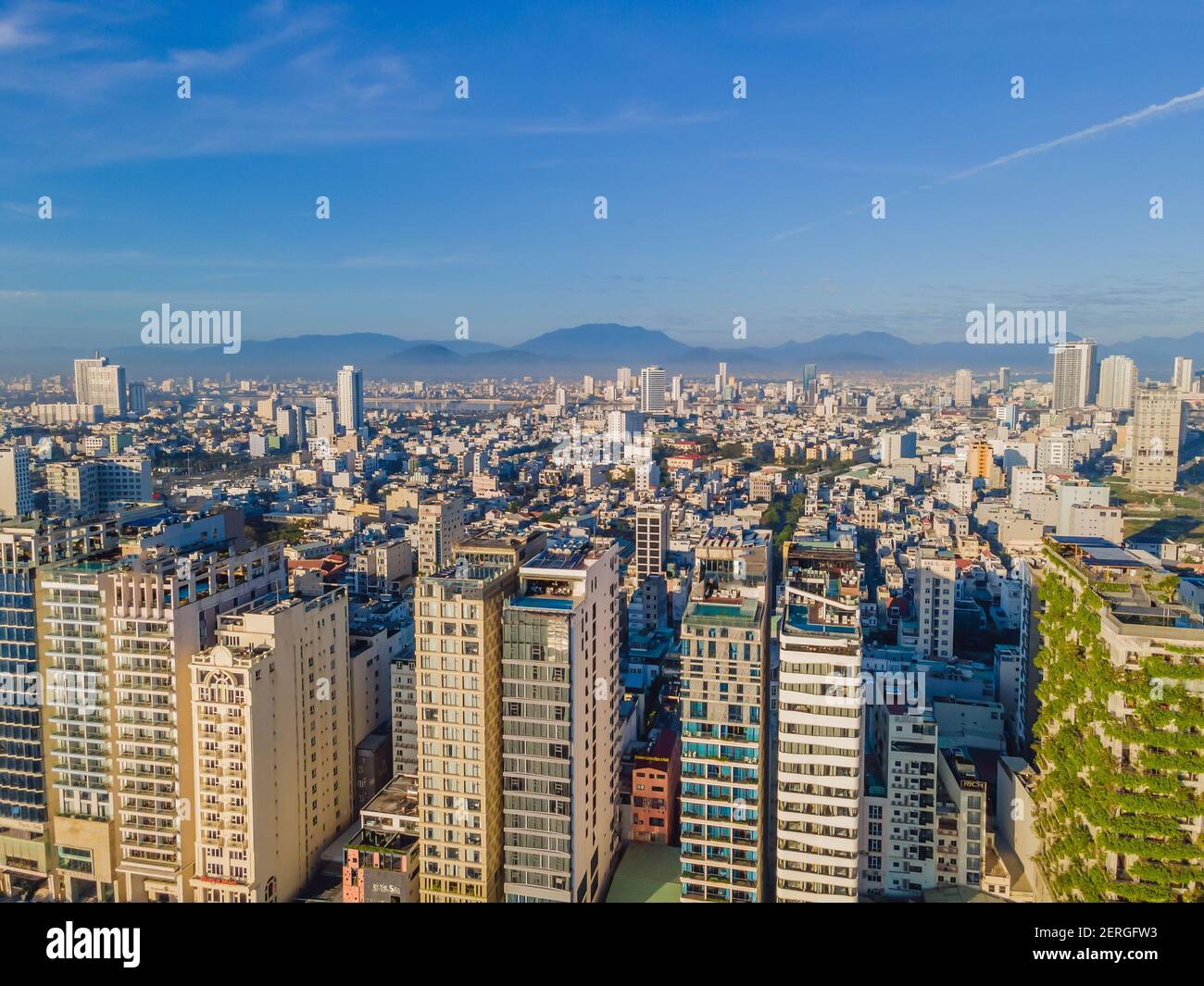 Beautiful My Khe beach from drone in Da Nang, Vietnam, street and buildings near the Central beach and the sea. Photo from a drone Stock Photo