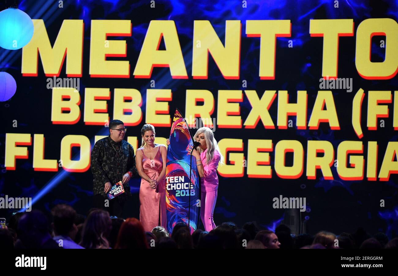 Teen Choice 18 L R Rico Rodriguez Candace Cameron Bure And Bebe Rexha Onstage At Teen Choice 18 Airing Sunday August 12 8 00 10 00 Pm Et Live Pt Tape Delayed On Fox At The Forum In Los