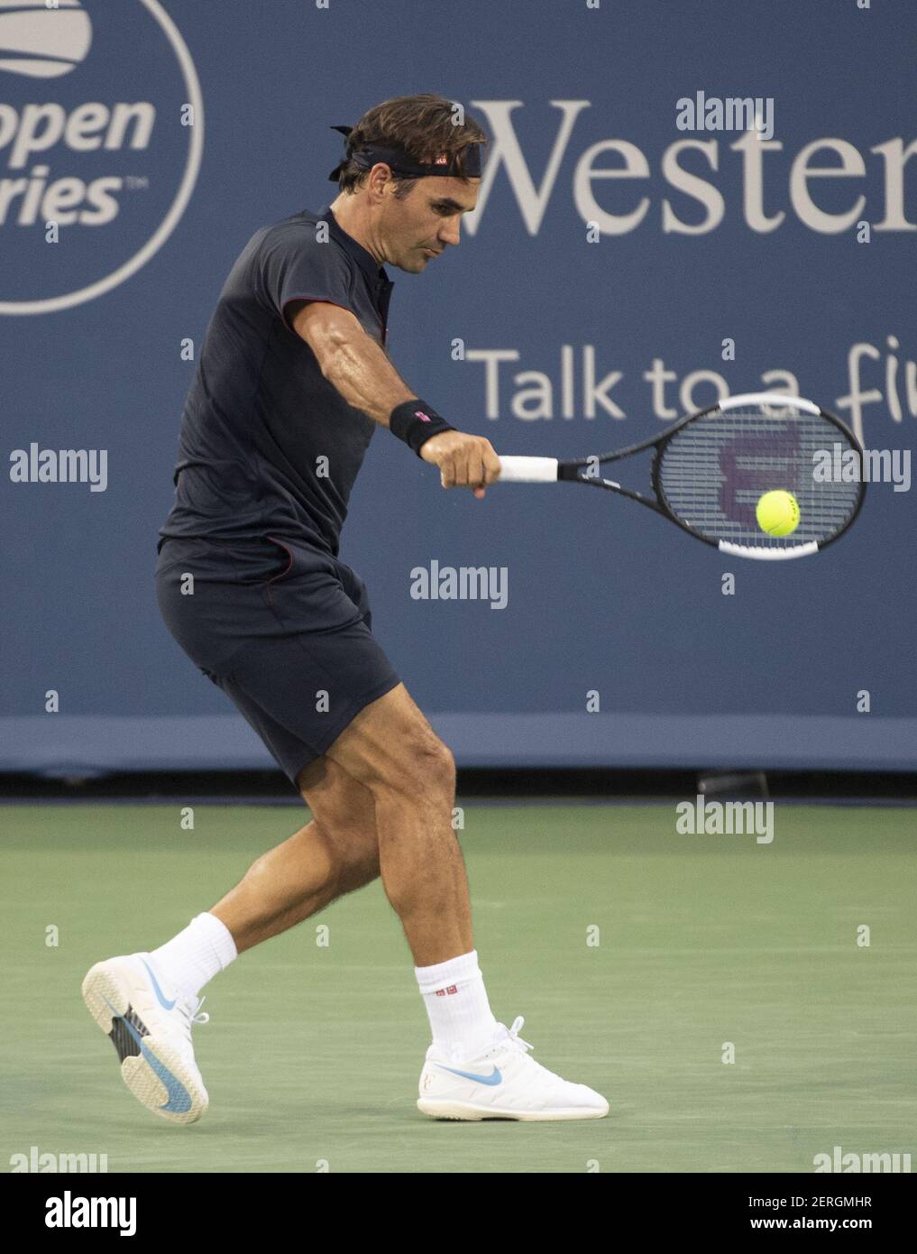 August 14, 2018: Roger Federer (SUI) defeated Peter Gojowczyk 6-4, 6-4, at  the Western & Southern Open being played at Lindner Family Tennis Center in  Mason, Ohio. Â©Leslie Billman/Tennisclix/(Photo by Leslie Billman/CSM/Sipa