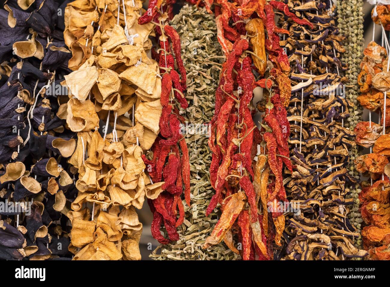 Variety of dried vegetables on farmers market in Turkey Stock Photo