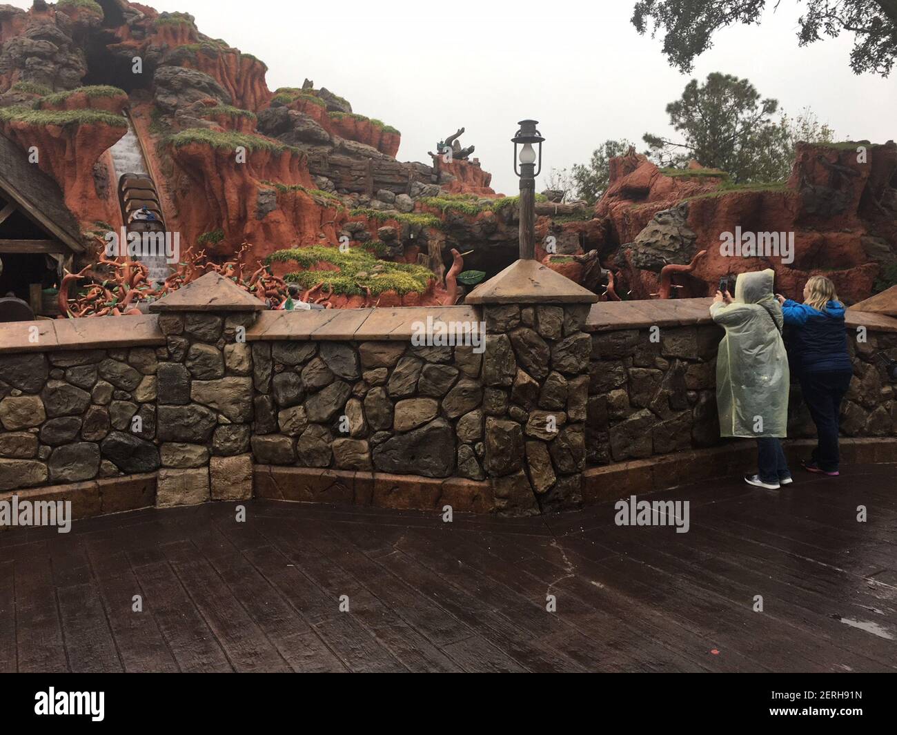 Magic Kingdom visitors watch a mostly empty log take the plunge on the