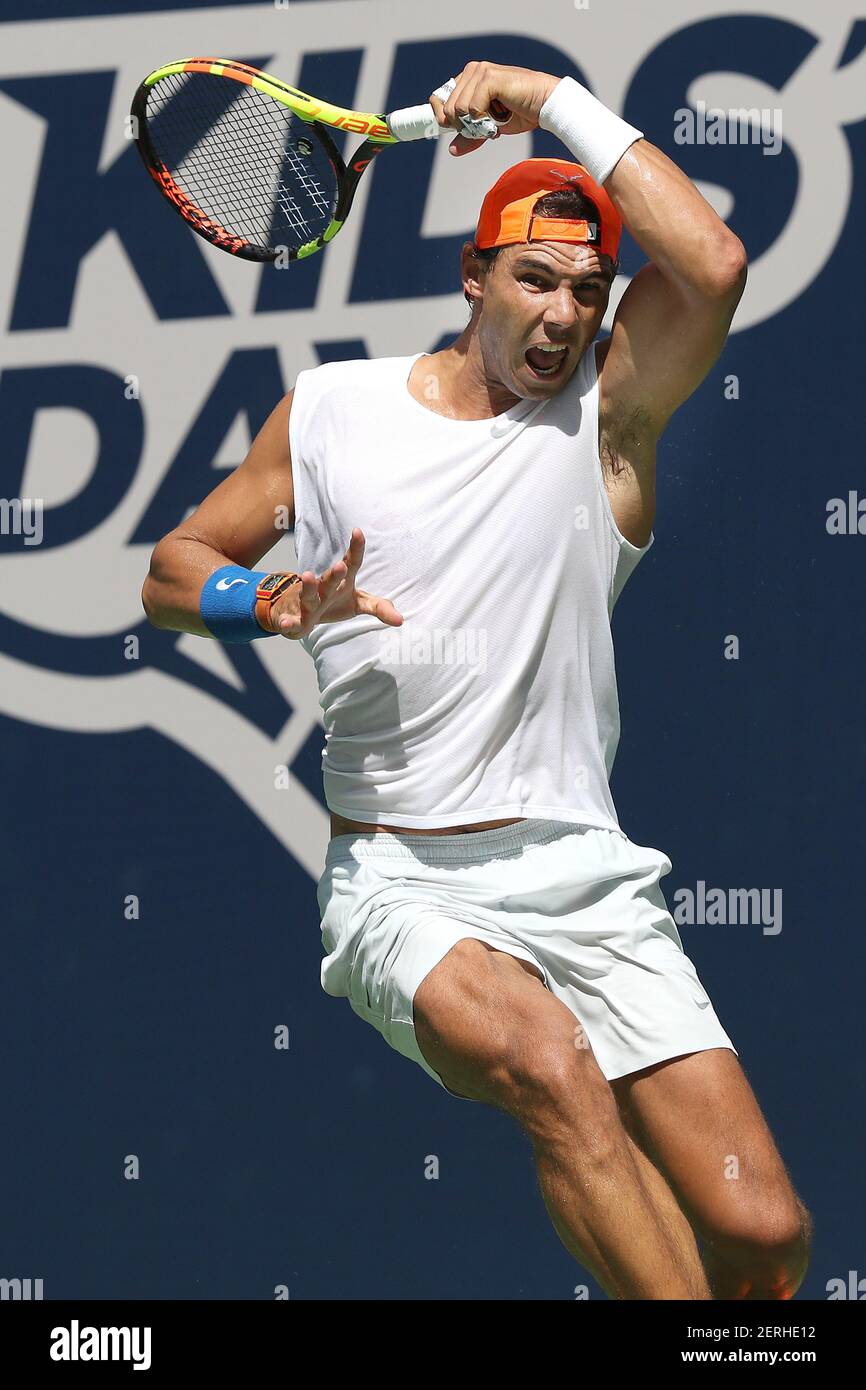 Rafael Nadal, Spanish professional tennis player ranked No. 1 in the world,  practices on Arthur Ash court before the start of the US Open tennis  championship at the USTA Billie Jean King
