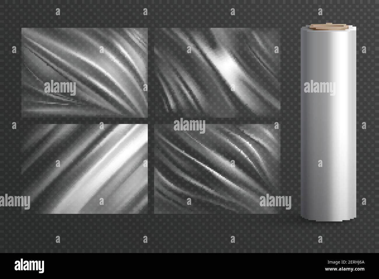 Four isolated blank wrapping texture polyethylene packages and plastic roll on  transparent background realistic vector illustration Stock Vector