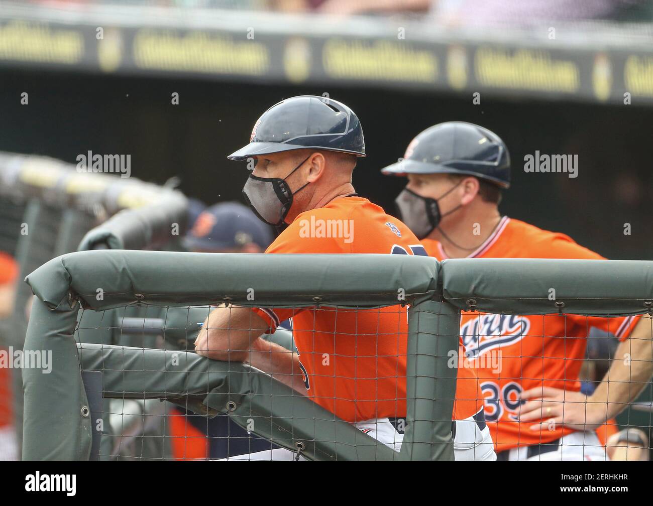 Round Rock, TX, USA. 28th Feb, 2021. Auburn Tigers head coach Butch Thompson and assistant coach Gabe Gross look on from the dugout during an NCAA baseball game between Texas A&M and Auburn at the Round Rock Classic, February 28, 2021 in Round Rock, Texas. Credit: Scott Coleman/ZUMA Wire/Alamy Live News Stock Photo