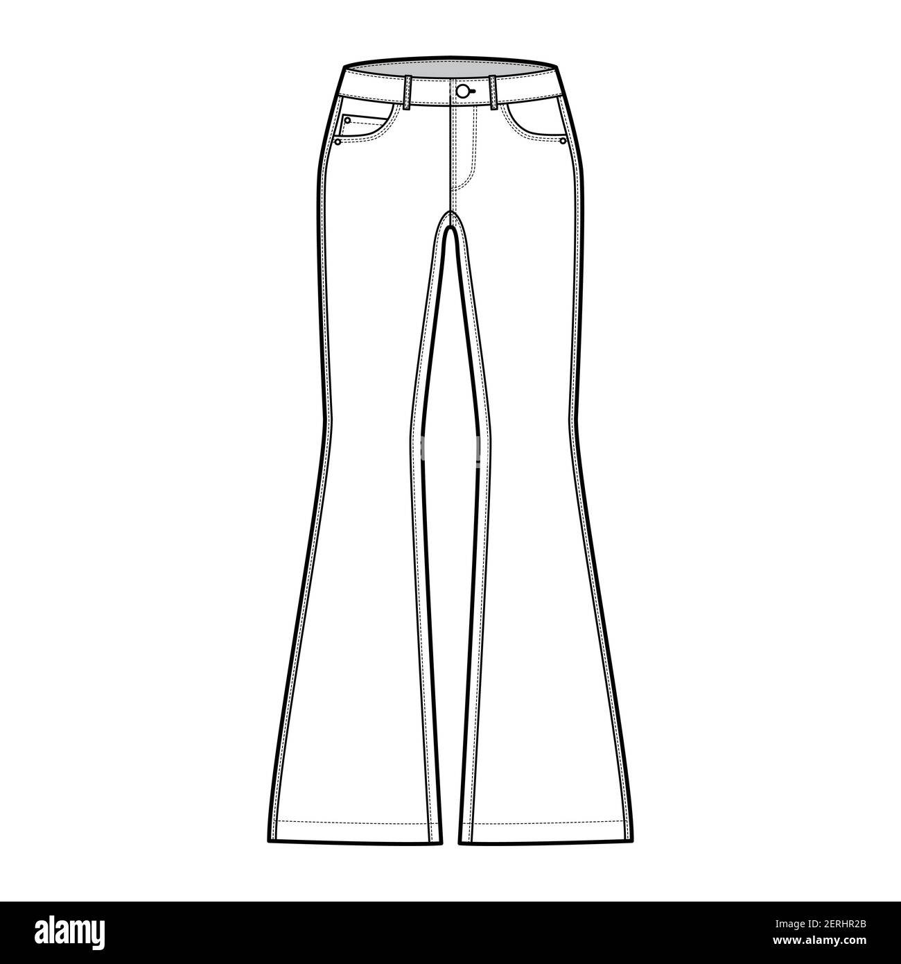 Jeans flared bottom Denim pants technical fashion illustration with full  length, low waist, rise, 5 pockets,