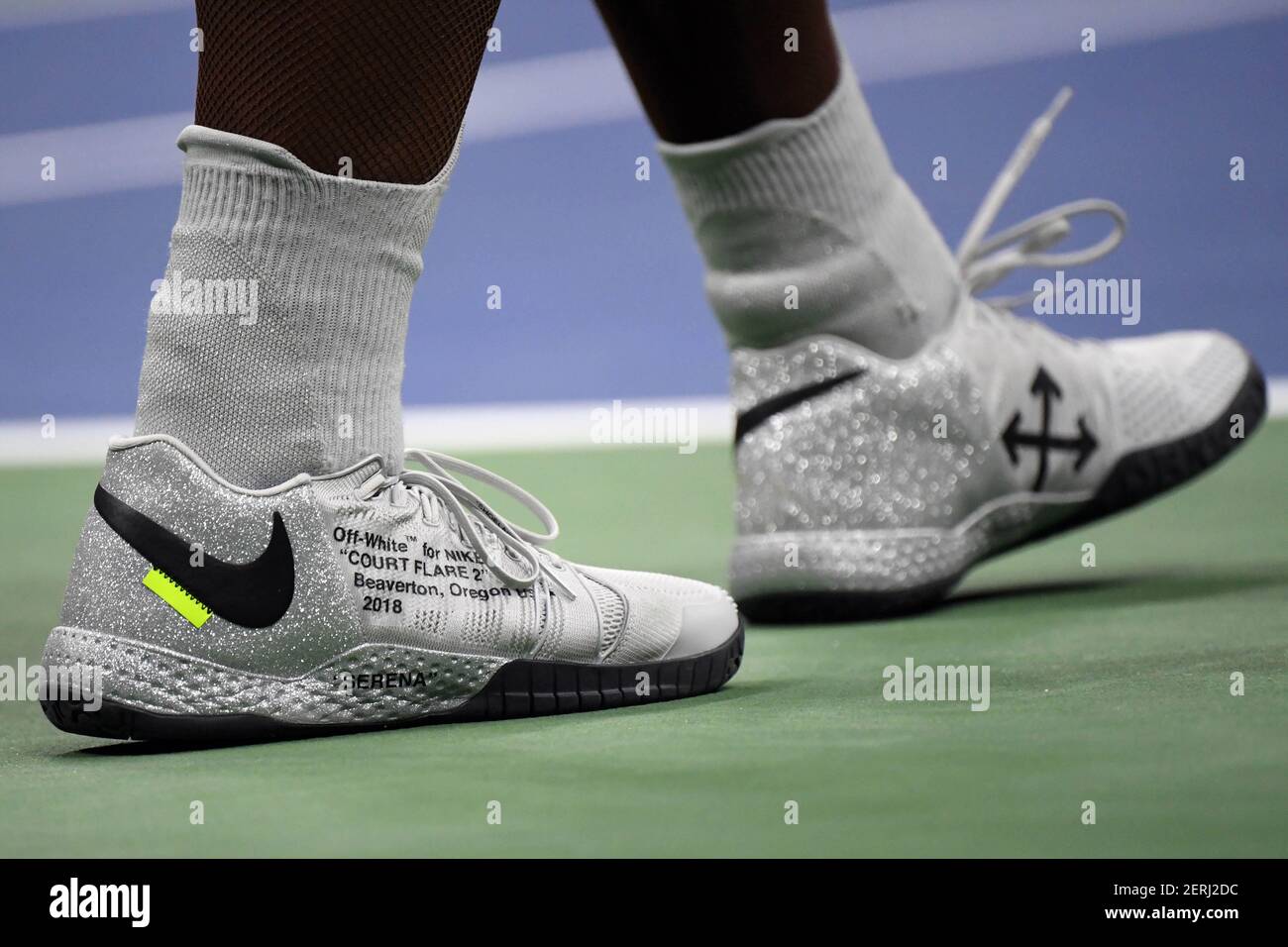 Aug 31, 2018; New York, NY, USA; Serena Williams' Nike shoes seen during a  third round match against her sister, Venus Williams, on day five of the  2018 U.S. Open tennis tournament