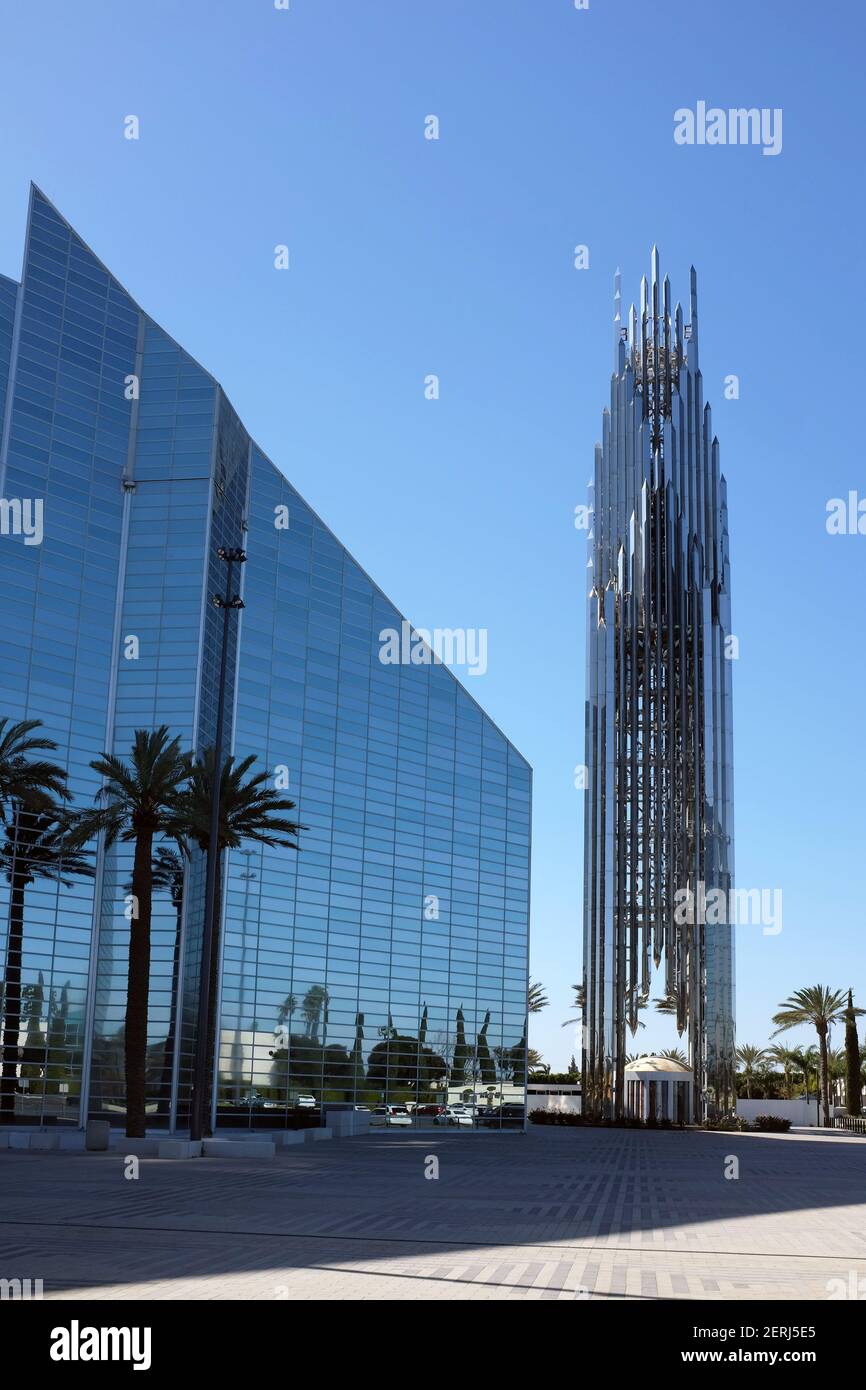 GARDEN GROVE, CALIFORNIA - 25 FEB 2021: Crystal Cathedral and Bell Tower, an American church building of the Roman Catholic Diocese of Orange. Stock Photo