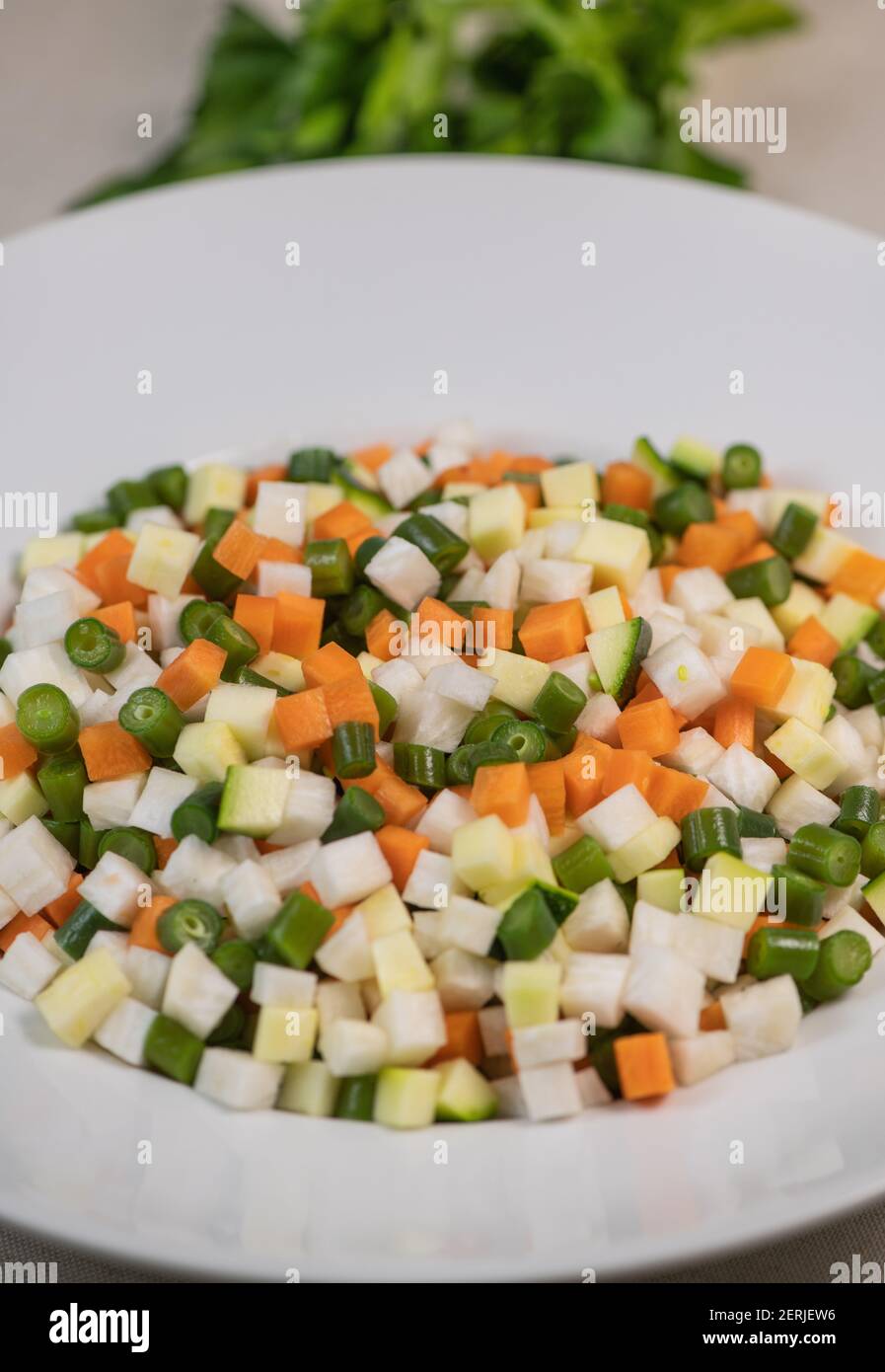 Macedonia salad, macedoine de legumes, mixed vegetable salad, french cuisine Stock Photo