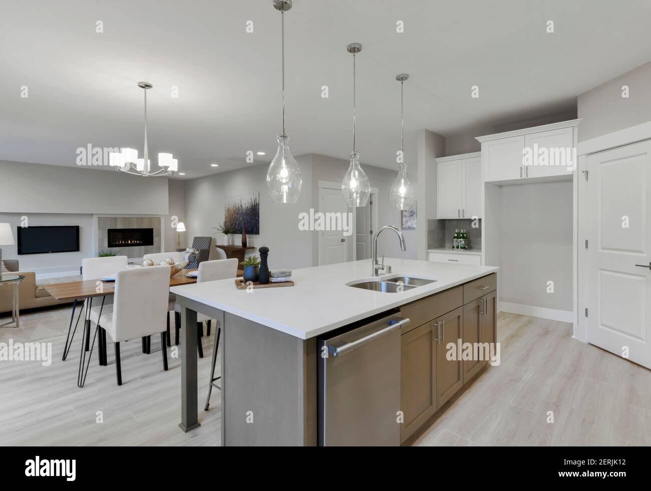 Modern residential kitchen and living room interior Stock Photo - Alamy
